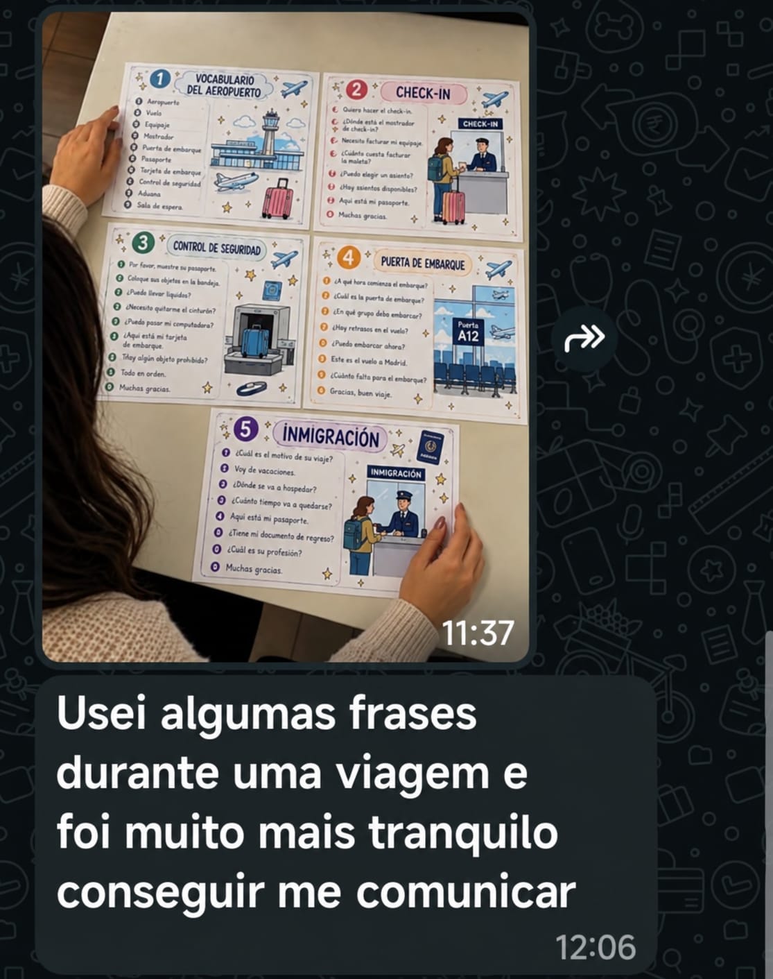 Print real de WhatsApp com depoimento e foto dos mapas mentais de aeroporto