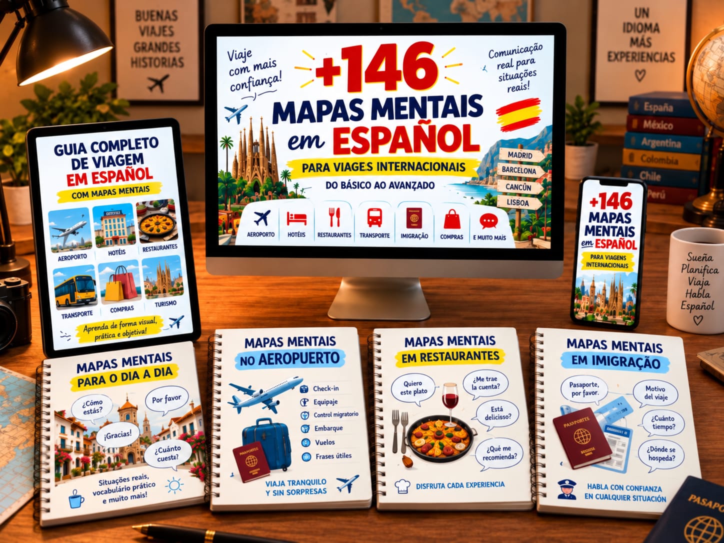 Mockup dos +146 Mapas Mentais de Espanhol para Viajantes Brasileiros